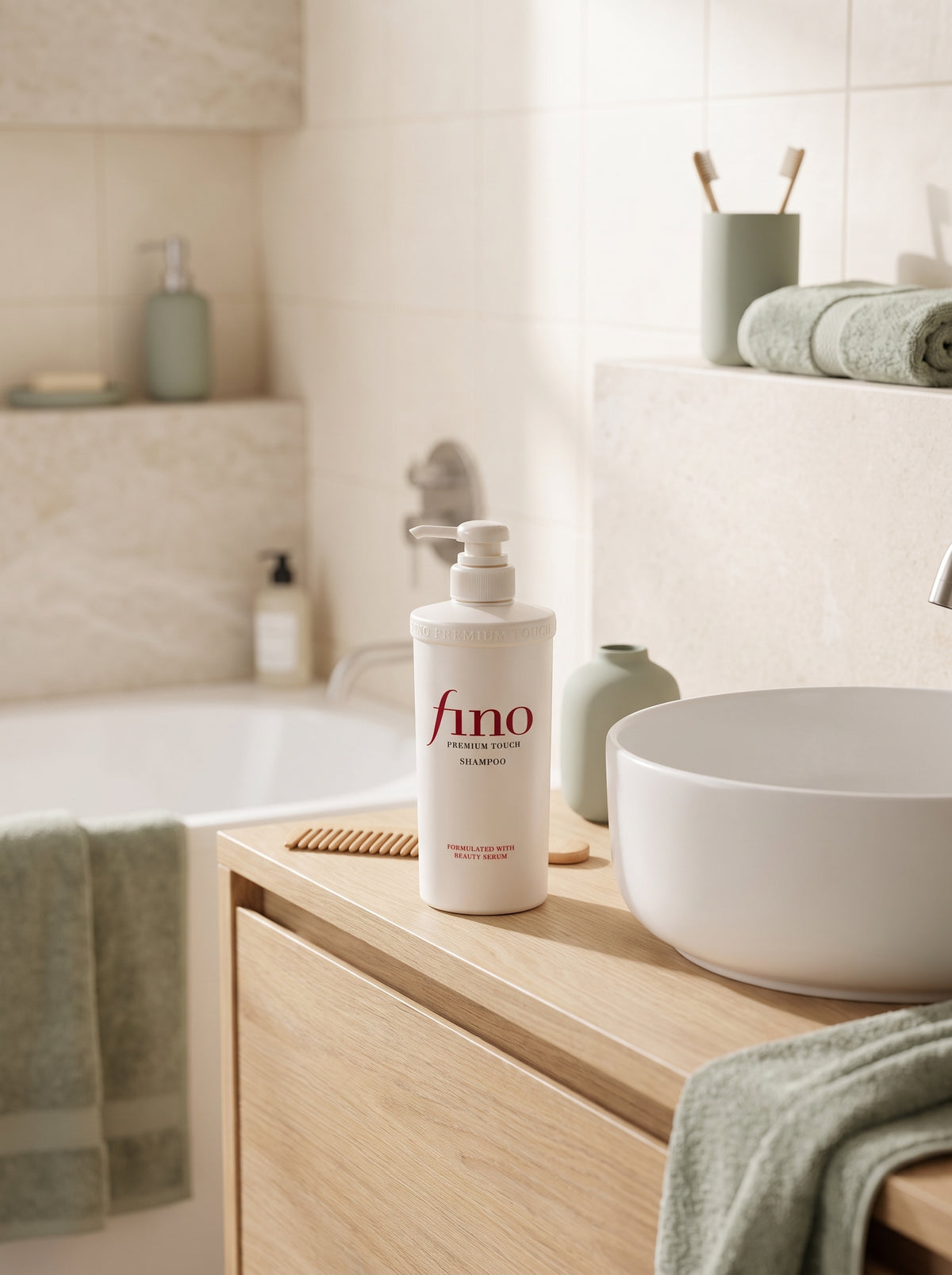 A bathroom scene with a white bottle of fino hand wash with rosemary scent placed on a light wood vanity next to a white vessel sink, with green towels and a tiled background.